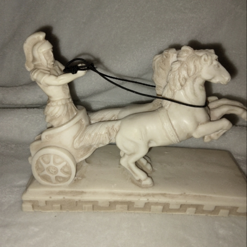 Vintage Roman Soldier and Chariot Horse Sculpture on Carrara Marble